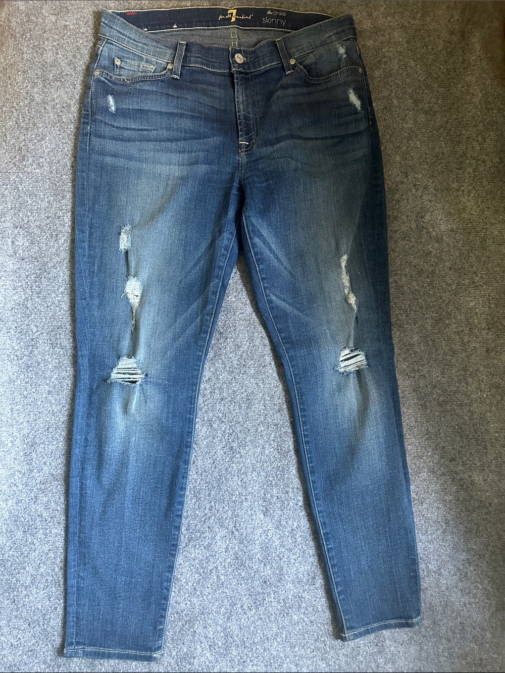 7 For All Mankind Distressed Skinny Jeans - Dark Blue Wash size 32